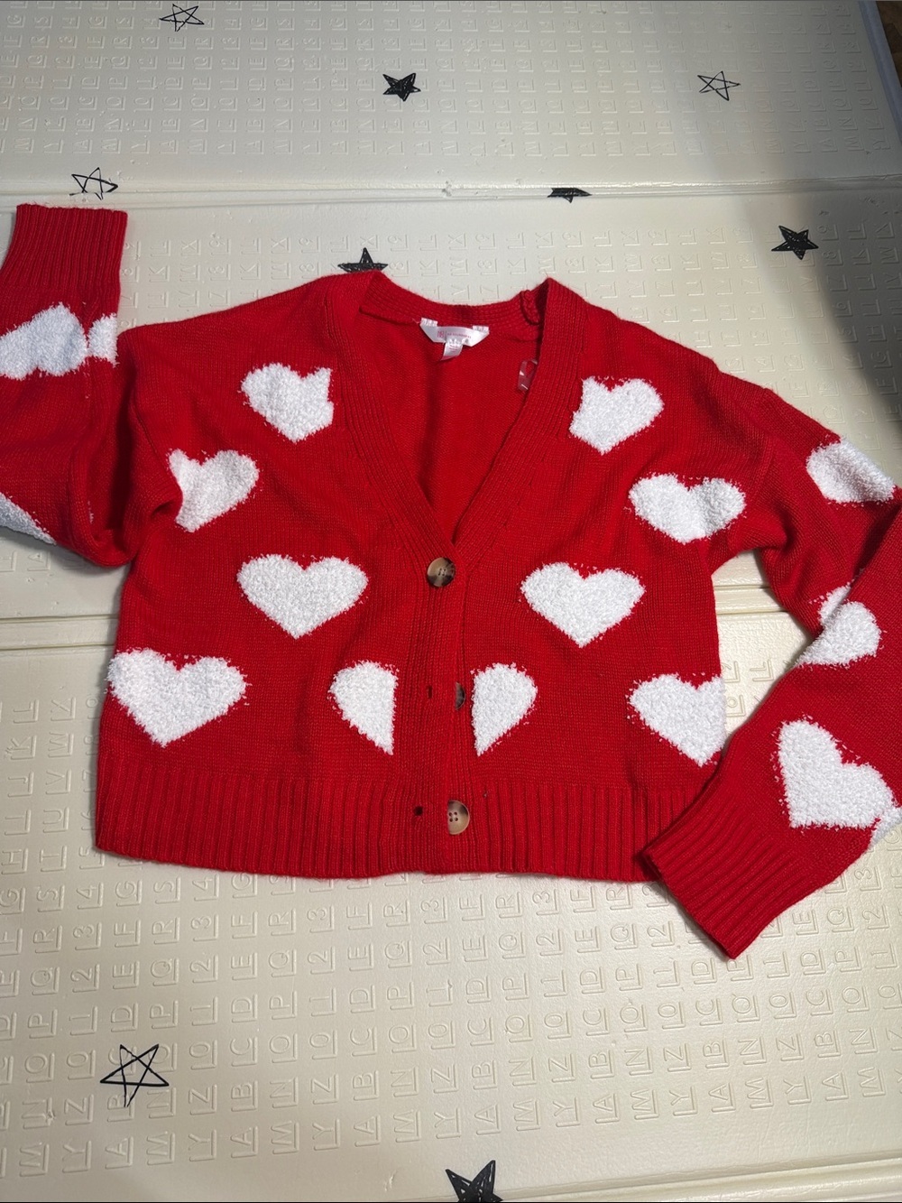 No Boundaries Red Cardigan with White Heart Pattern
